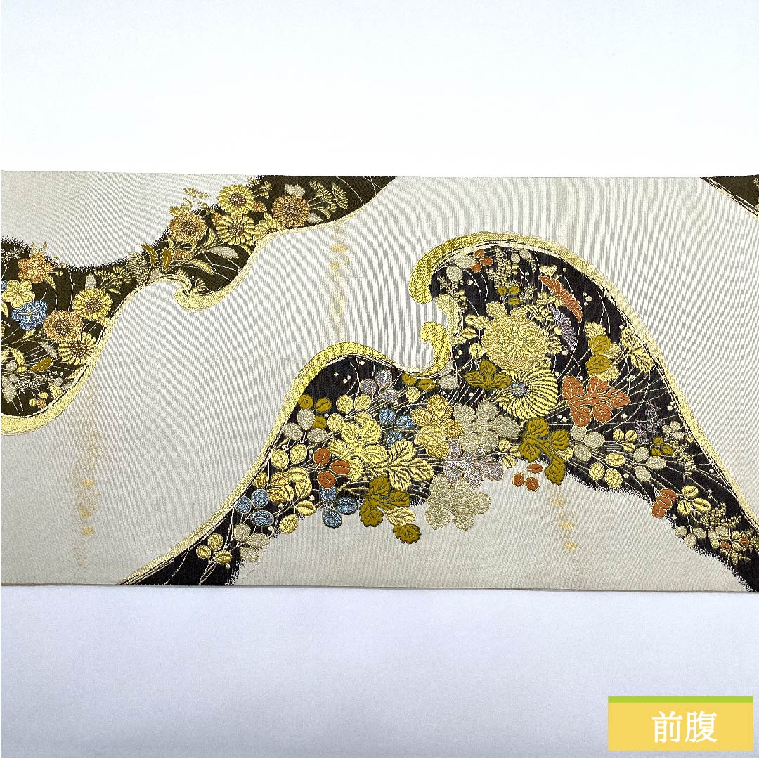 袋帯 素色（しろいろ） 波涛遺宝文吉祥文様  流水 帯丈448cm 正絹 Aランク 六通 フォーマル 白系 1123009843311