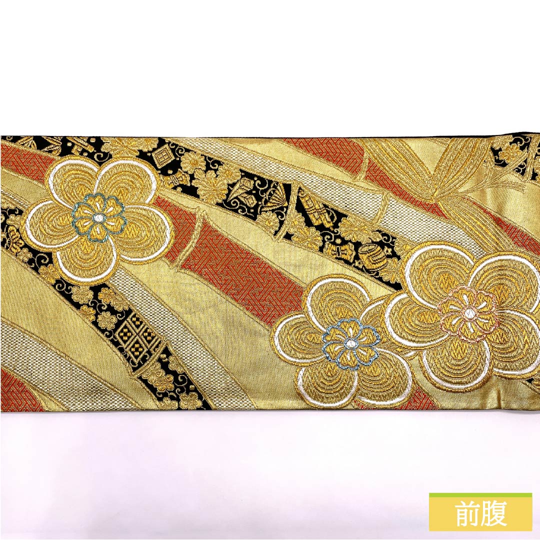 Fukuro Obi, Pure Silk, For Furisode, Ikishoka Takumi Nishiki, Twisted Plum, Treasures, Length 420cm, S Rank, Six-way, Formal, Gold, 1123013792321