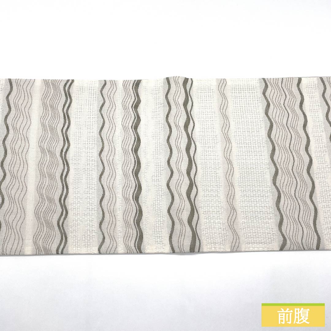 (Kyoto Fukuro Obi) Nagoya Obi, Polyester, S-Rank, Natural Color (Kinari-iro), Wave Pattern, Horizontal Stripes, Length 390cm, Full Length, Casual, White, Item Number 1124010902411, Open-Leg Style