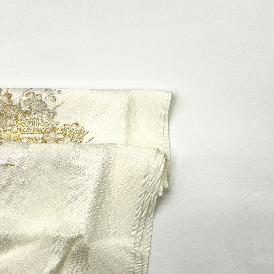 New/Old Stock Obiage & Obijime Set - Silk - NEW Rank - White - For Kurotomesode Kimono - Classic Fan Pattern - Length: approx. 160cm, Width: approx. 1.7cm - Formal - White Tones - 1141000431311