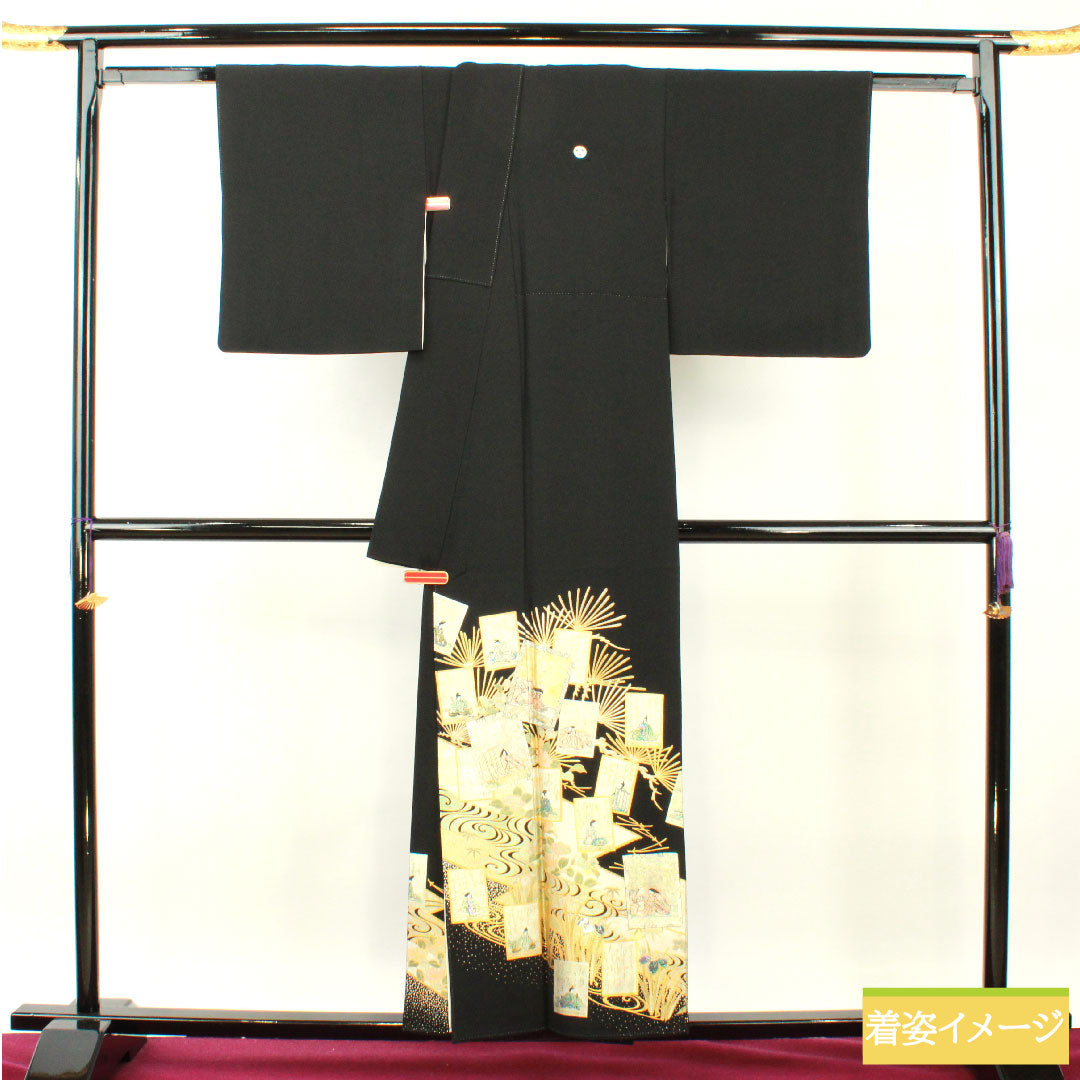 黒留袖 正絹 身丈155.5cm 裄丈65.5cm 袷 時代人物模様 流水 金彩加工 比翼仕立て 五つ紋 三ツ割片喰 Sランク 黒系 1111001382310