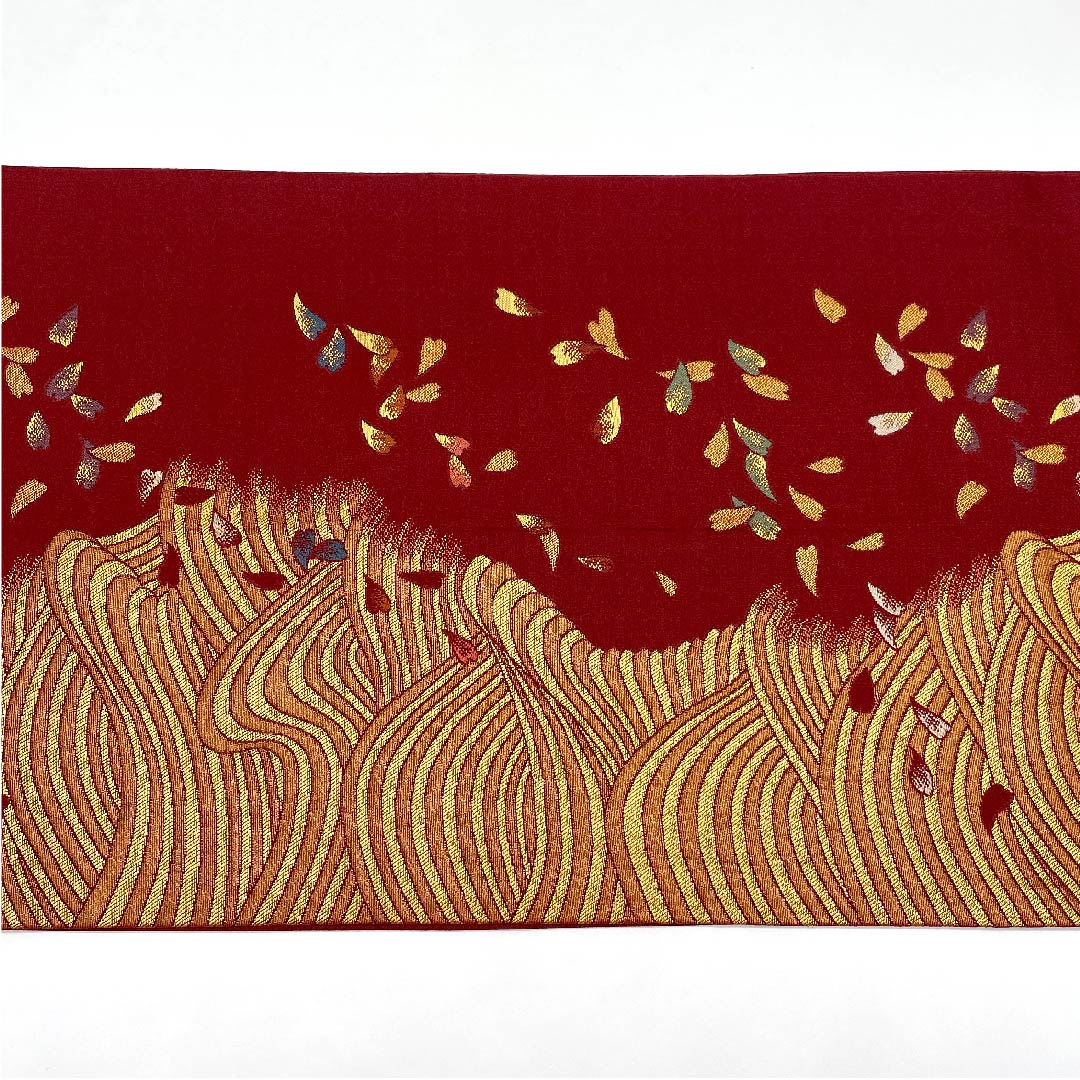 Nagoya obi, Kyoto fukuro obi, raw crimson, cherry blossom, abstract pattern, obi length 369cm, poly, A rank, full length, semi-formal, vermilion, 1124003433316, open style