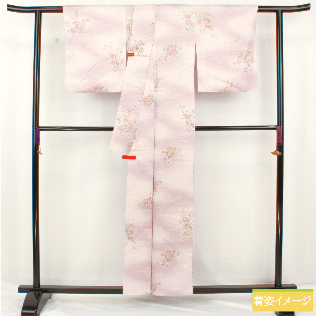 Small pattern, polyester, length 157.5cm, sleeve length 64cm, lined, light wisteria color, washable kimono, floral pattern, A rank, purple, 1115004543320