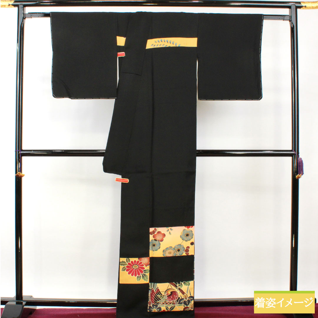 訪問着 正絹 袷 身丈169.5cm 裄丈69cm  切り嵌め 京紅型 一つ紋 Sランク 黒系 1112004192510