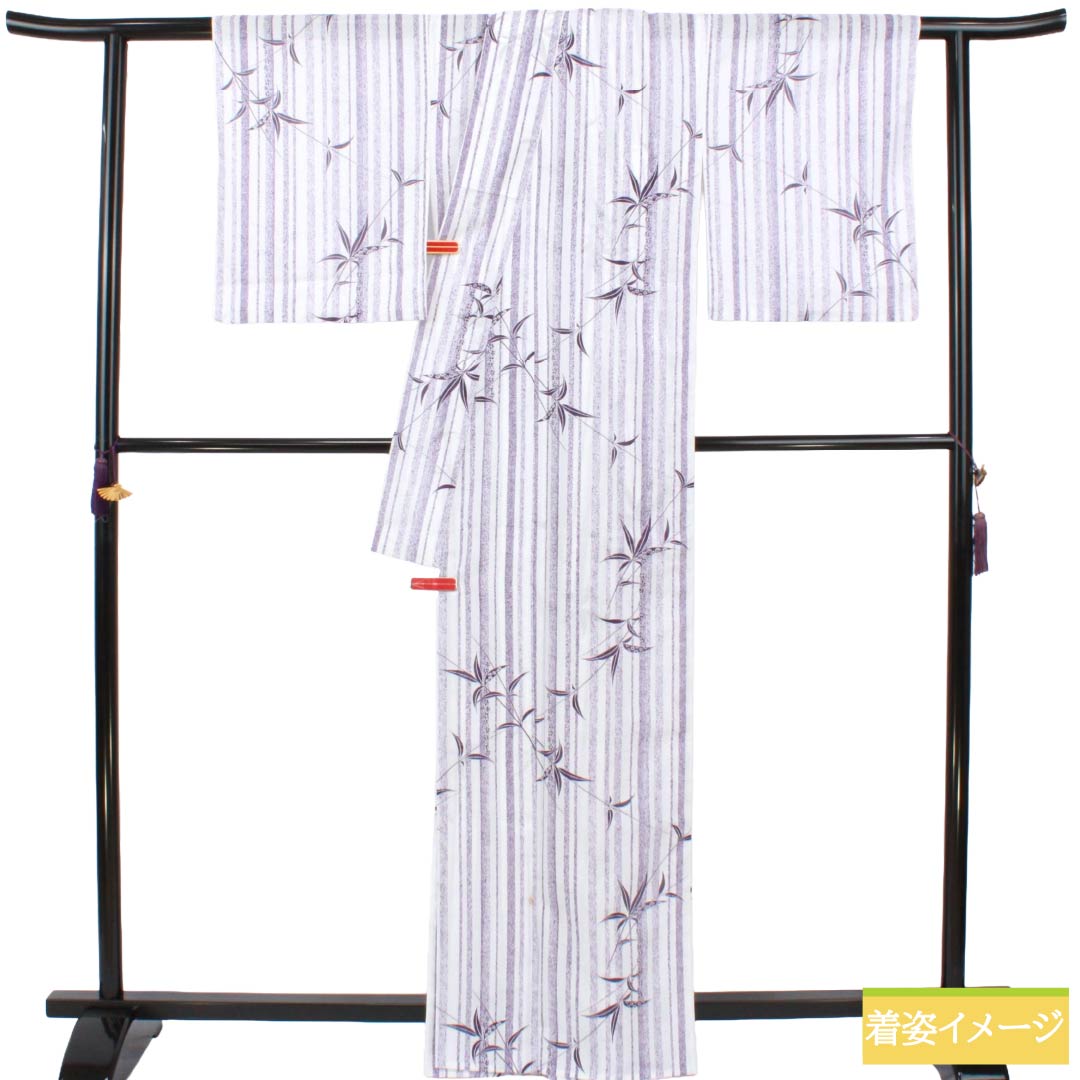 夏物 ポリエステル 小紋 Bランク 身丈165.5cm 裄丈64.5cm 縞 笹 洗える着物 絽 マルチカラー 1132003364528