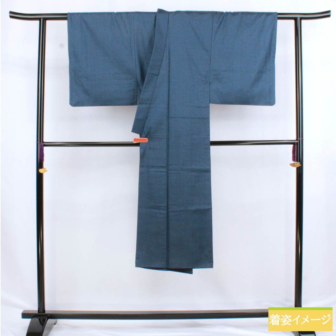 Men's silk S-rank kimono, length 129.5cm, sleeve length 62cm, Korean indigo blue, geometric pattern, tsumugi fabric, lined, navy blue, product number 1119001002218
