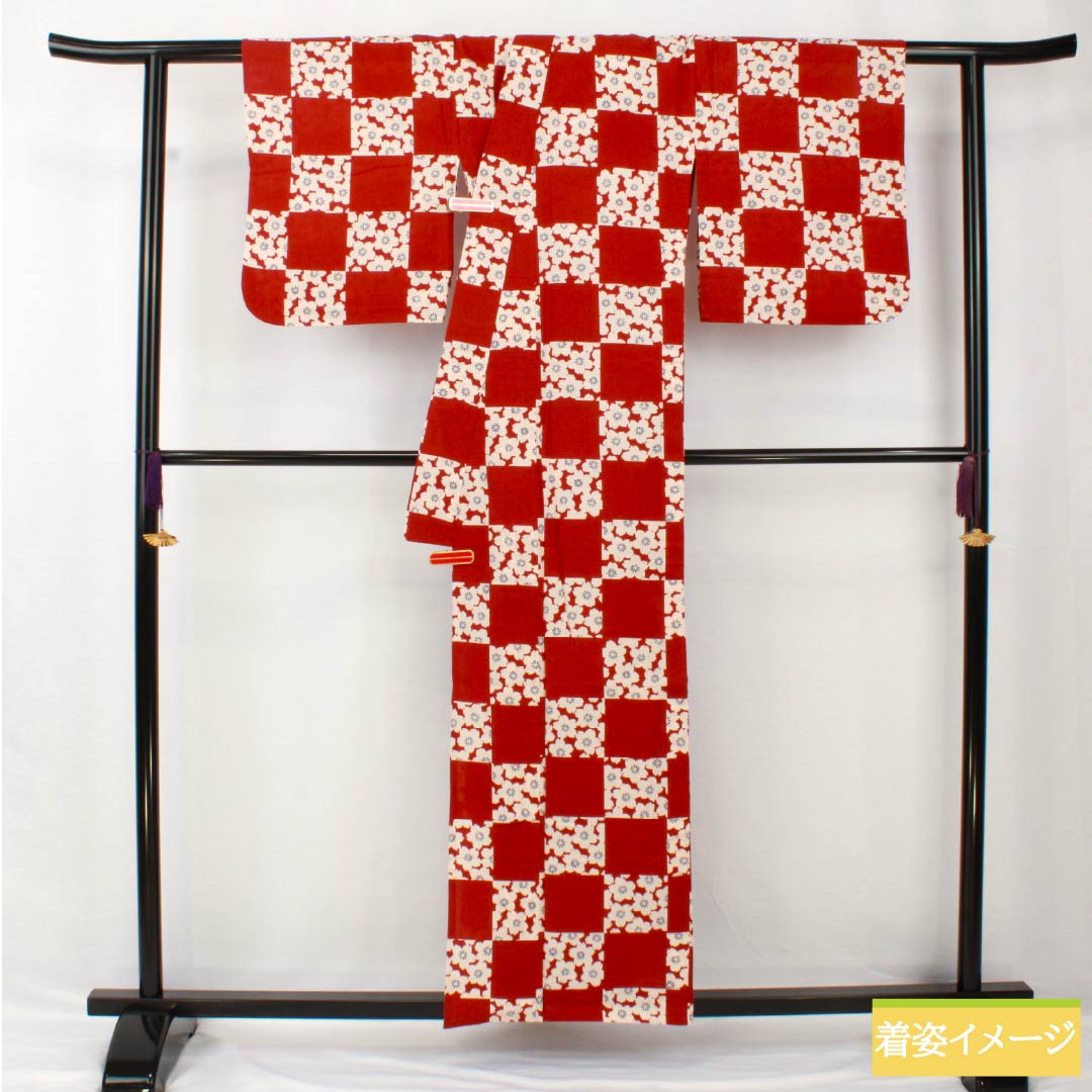 Yukata Cotton Length 157cm Sleeve length 67cm B rank Single layer Vermilion Deep maple color (Koimomijiiro) Checkered pattern Cherry blossoms Fumatsuan 1118005524316