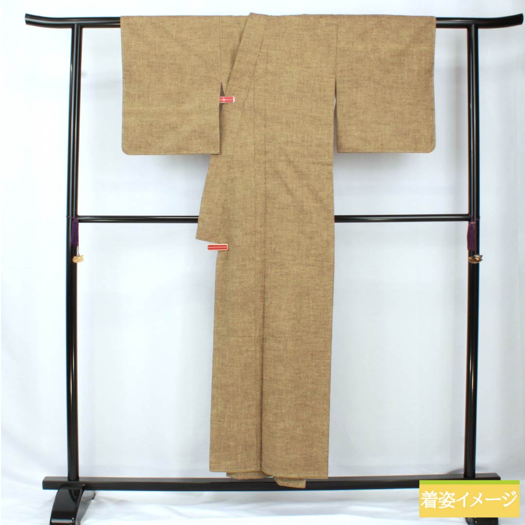 Pure silk tsumugi (pongee) kimono, length 152cm, sleeve length 64cm, agarwood color (kyara-iro), plain, with basting threads, S rank, lined, brown, product number 1116003852214