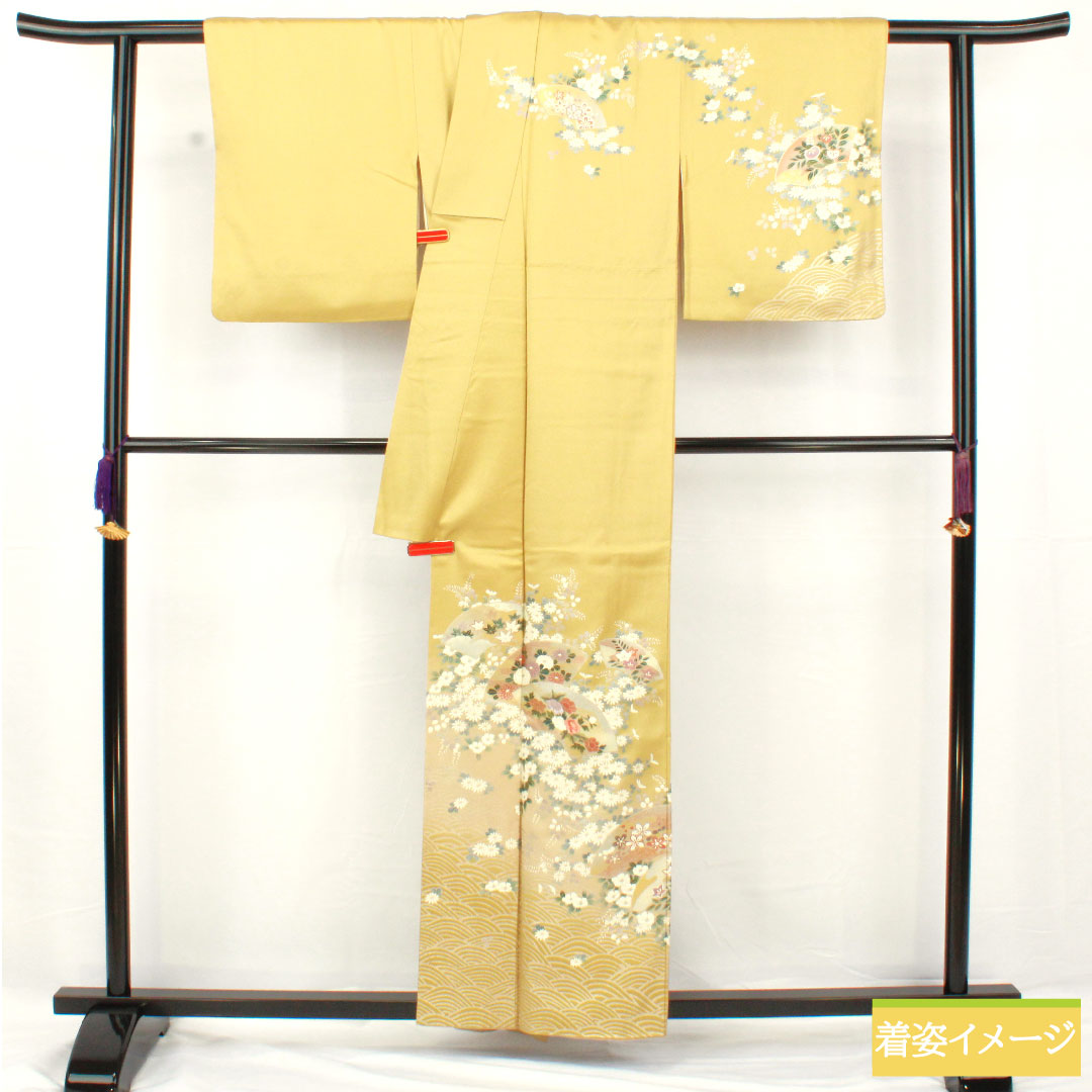 Homongi, pure silk, lined, length 156.5cm, sleeve length 63cm, faint yellow, Kyoto Yuzen, cherry blossom, chrysanthemum, bush clover, A rank, yellow, 1112005243323