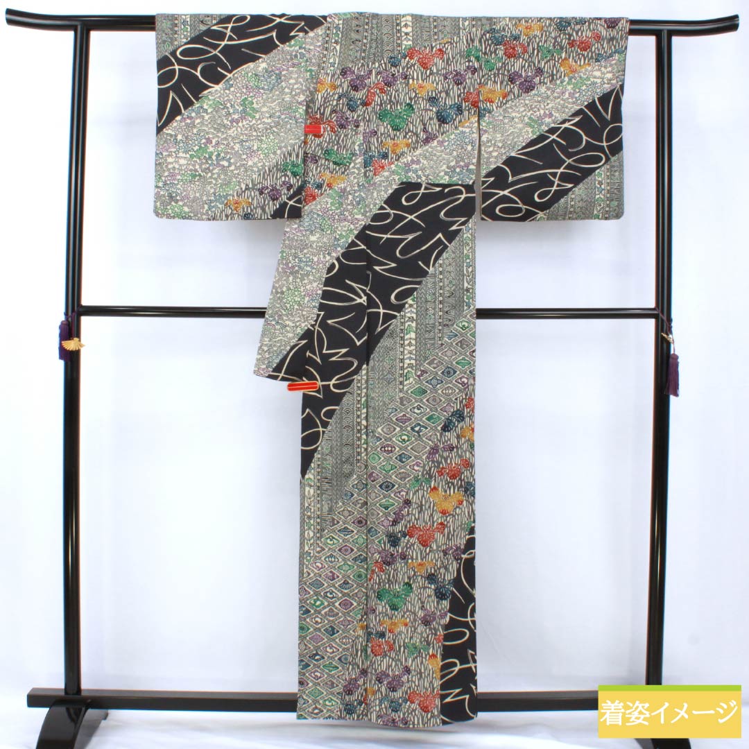 訪問着 正絹 Bランク 袷 身丈157cm 裄丈65cm 燻銀色（いぶしぎんいろ） 江戸紅型 五味桂子 作家物 グレー系 1112007054322