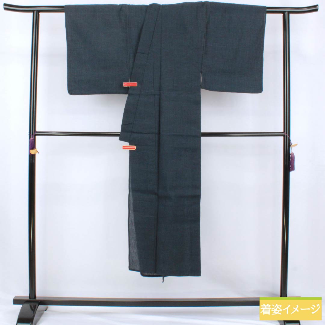 男物 麻 Sランク 身丈141.5cm 裄丈65cm 濃紺色（のうこんいろ） 縮 単衣 紺系 1119001492418