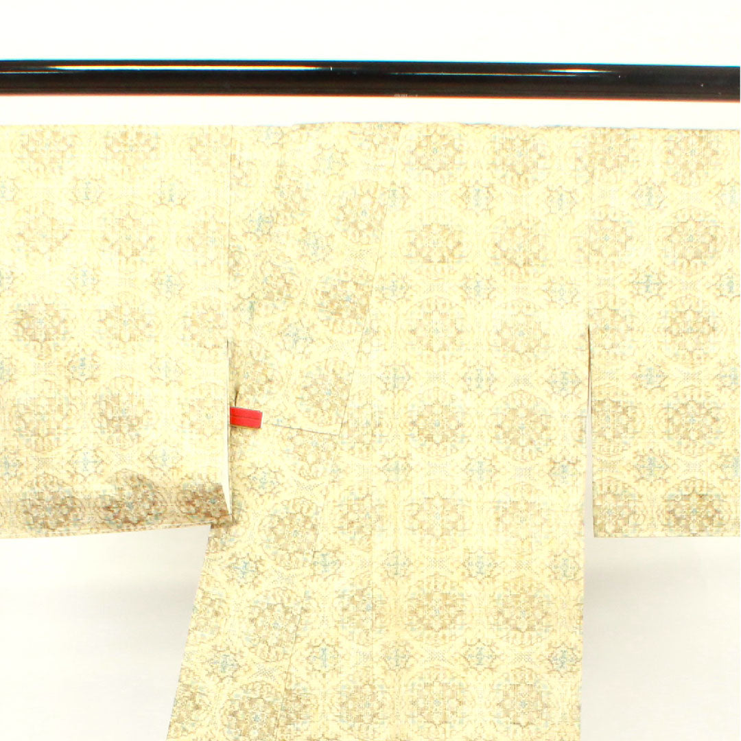 紬 身丈156cm 裄丈62cm 未使用品 しつけ糸付き 東京白茶色 抽象模様 正絹 Sランク 袷 クリーム系 1116002252315