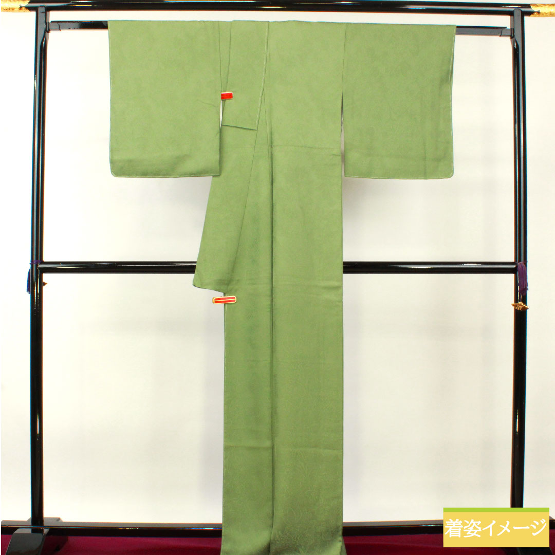 Plain color, pure silk, length 166.5cm, sleeve length 66cm, Bushukan color, silk, circle with paulownia branch, basting thread included, lined, S rank, green, 1114001442519