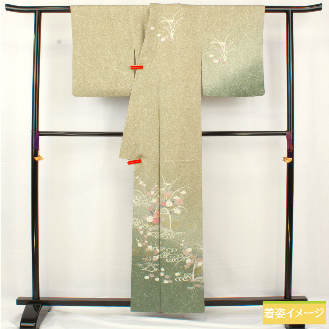訪問着 正絹 袷 身丈157.5cm 裄丈62cm 蠟色（ろういろ） タタキ染 京友禅 菊 菖蒲 一つ紋 Sランク 緑系 1112005252319