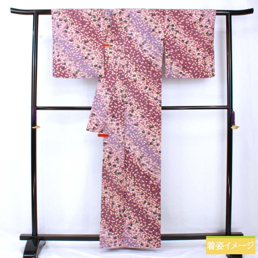 小紋 ポリエステル 身丈161.5cm 裄丈66cm 袷 蒲萄色（えびいろ） 古代紫色（こだいむらさきいろ） 型染 抽象柄 洗える着物 Aランク 紫系 1115005543420