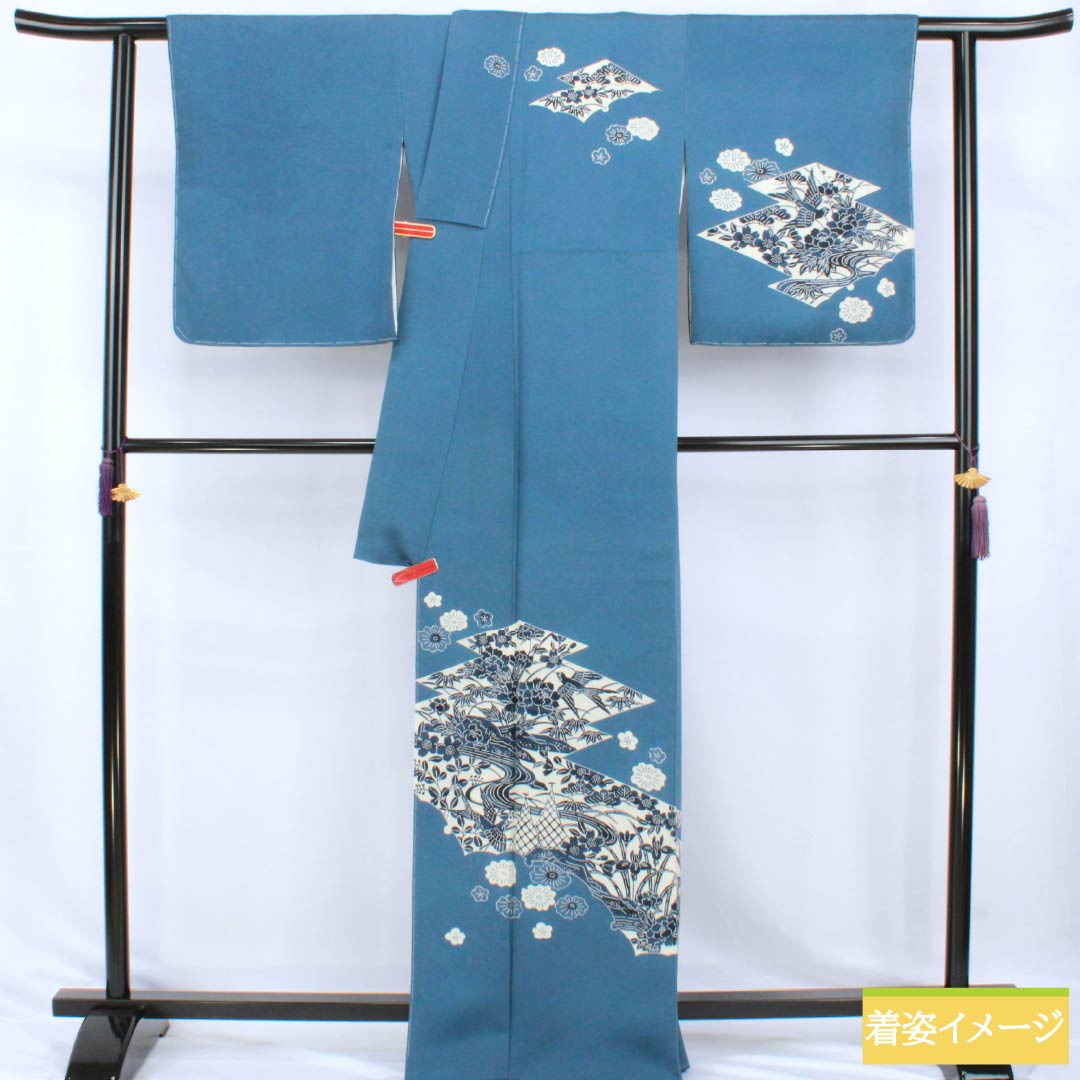 訪問着 正絹 Sランク 袷 身丈166.5cm 裄丈69cm 裏色（うらいろ） 藍型 浜ちりめん 風景模様 しつけ糸付き ソフトガード加工 青系 1112007692517