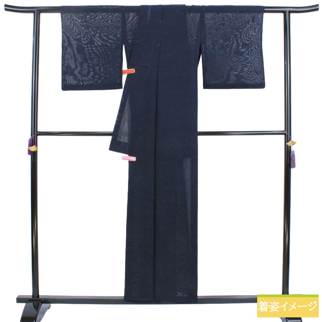 夏物 正絹 色無地 Bランク 身丈154.5cm 裄丈62.5cm 濃紺色（のうこんいろ） 草花模様 紗 紺系 1132004334218