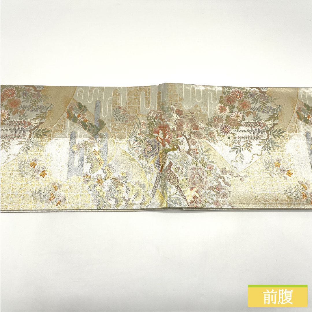 Nishijin-ori Silk Fukuro Obi (Sash), Grade A, with a Fan and Auspicious Design, Length 434cm, Six-Ply, Formal, Silver, Product Number: 1123016173322