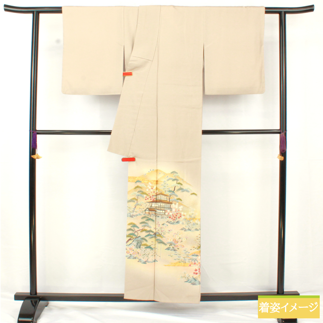 色留袖 正絹 身丈157cm 裄丈63cm 袷 白茶色（しらちゃいろ） 京友禅 作家物 銀閣寺 五つ紋 木瓜 Aランク ベージュ系 1111001553325