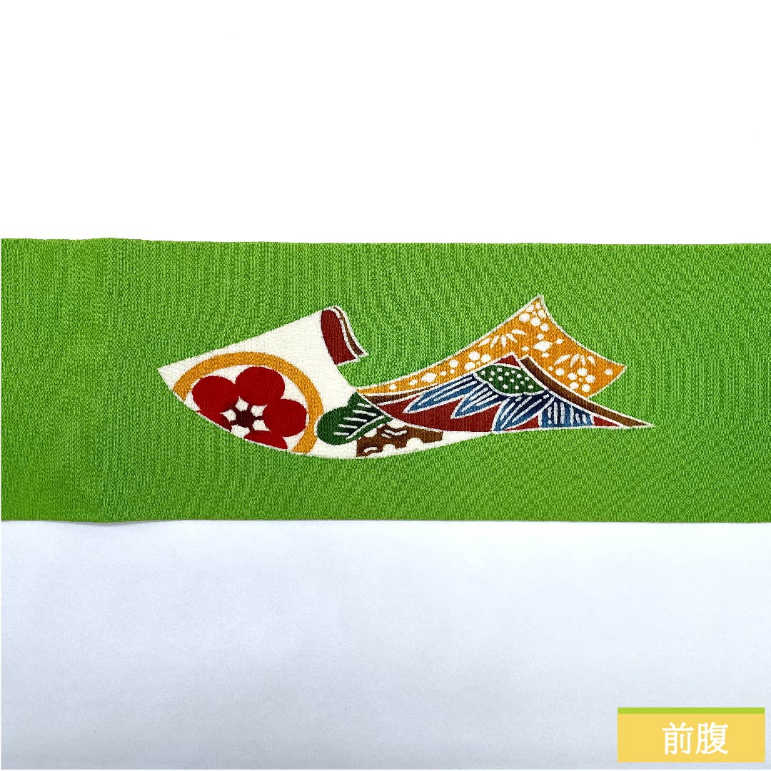 Nagoya obi, light green, stencil dyeing, Kyoto red pattern, pine, Kyogen crest, Japanese crepe, obi length 378.5cm, pure silk, A rank, point pattern, casual, green, 1124005793319, Nagoya style