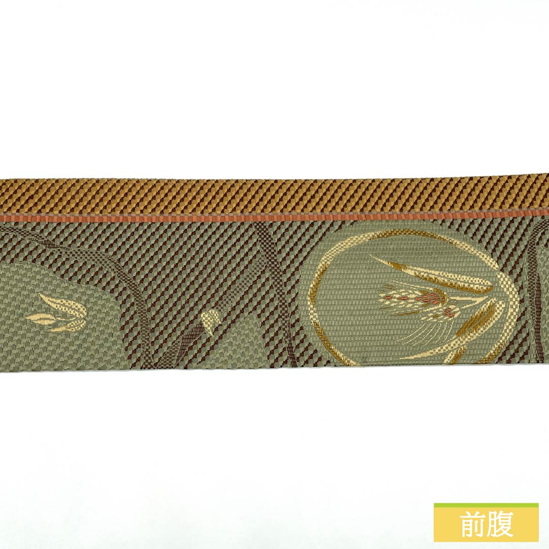 Nagoya Obi, Pure Silk, S-Rank, Aoyagi Nezuiro (Aoyagi Gray), Floral Pattern, Hakata-ori, Length 358cm, Six-Ply, Casual, Green, Product Number 1124009512319, Nagoya Style