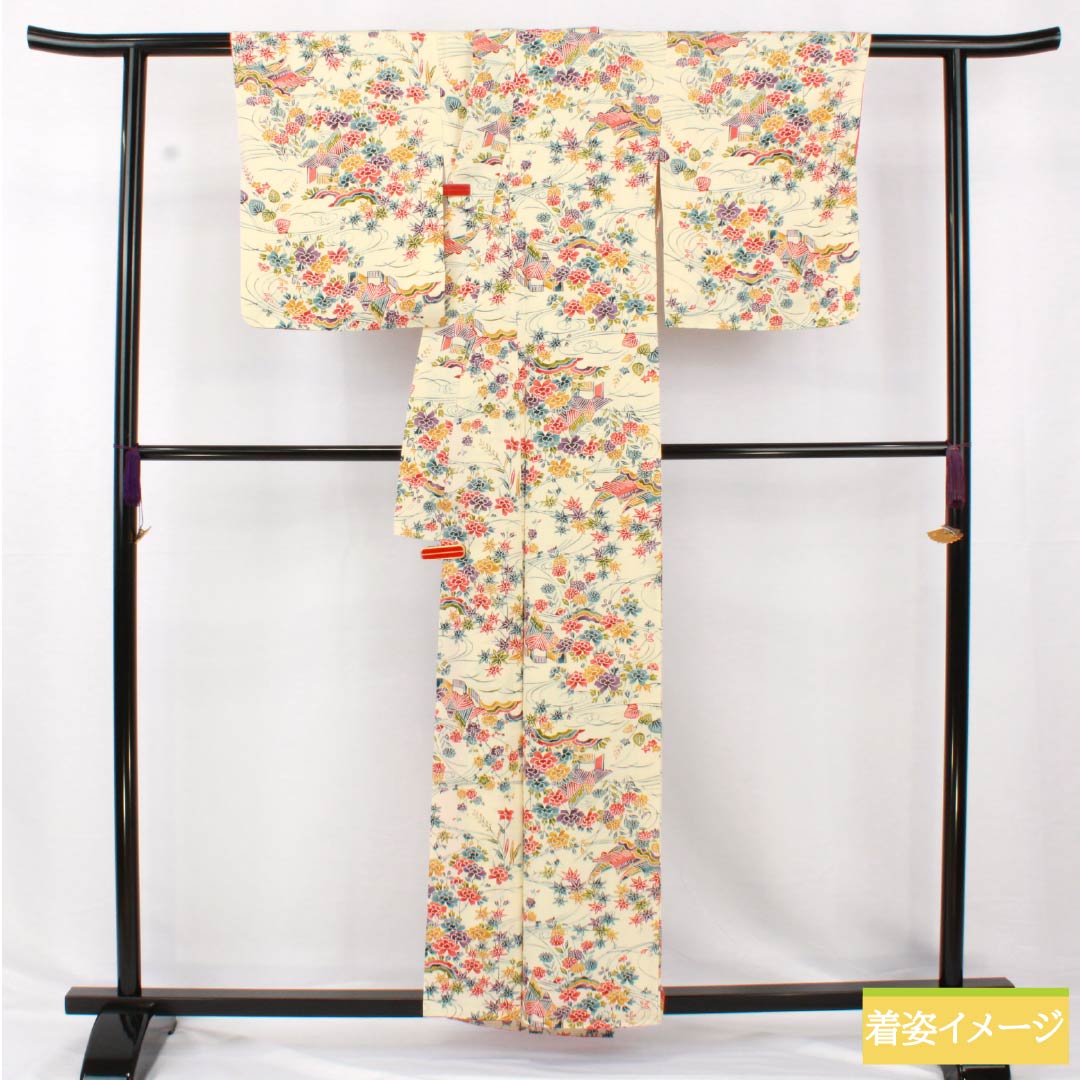 Komon, pure silk, length 158.5cm, sleeve length 64cm, lined, Neriiro (Neri-iro), stencil dyeing, Bingata style, Chayatsuji, A rank, cream color, 1115005103315