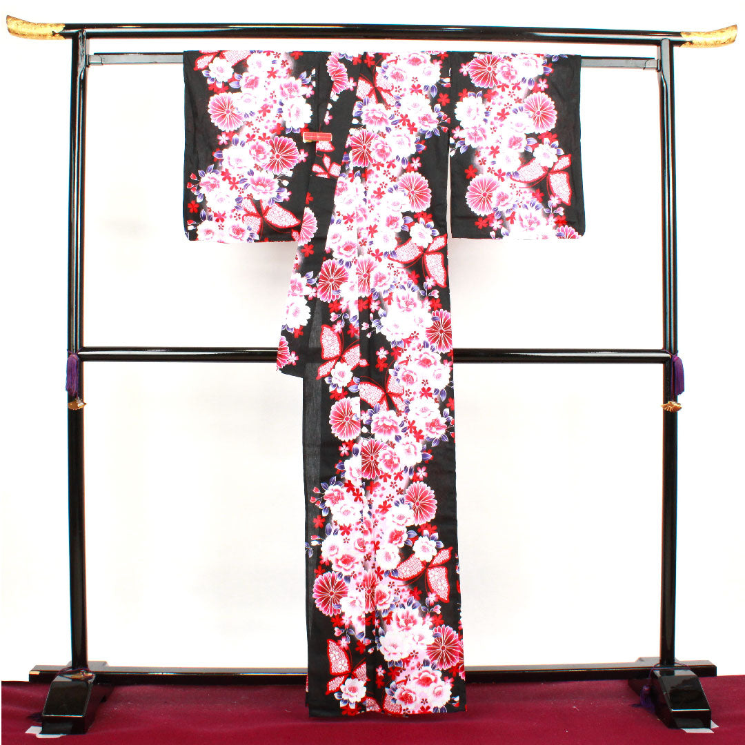 Yukata, Chrysanthemum, Cherry Blossom, Butterfly, Cotton, S Rank, Single Layer, Length 163cm, Sleeve Length 64cm, Black, 1118001522410