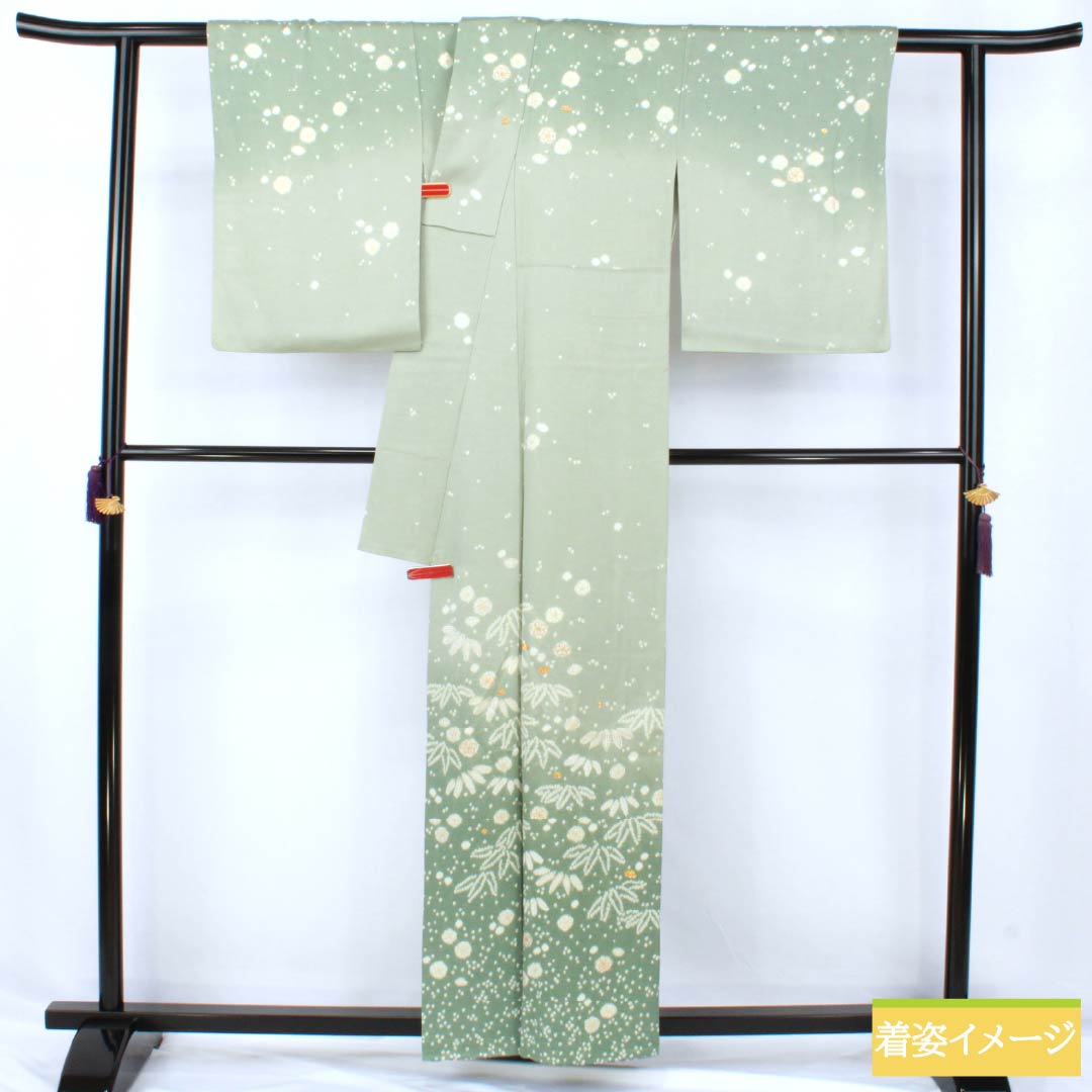 訪問着 正絹 Aランク 袷 身丈158.5cm 裄丈63cm 青磁色（せいじいろ） 一つ紋 金駒刺繍 絞り 重ね衿付き 梅 緑系 1112007333319