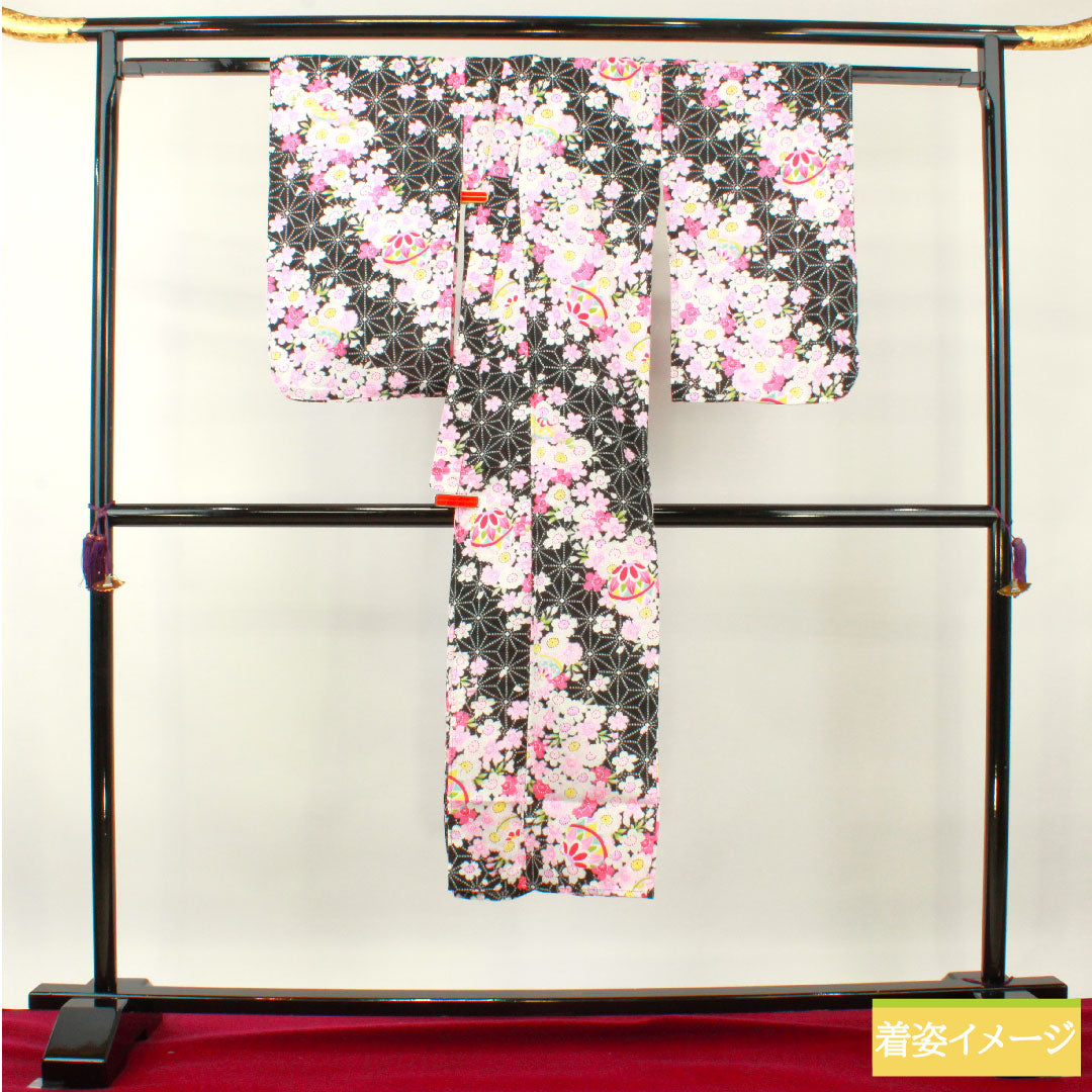 Yukata Cotton Length 137.5cm Sleeve length 61.5cm S rank Single layer Black Cherry blossom Asanoha 1118005032110