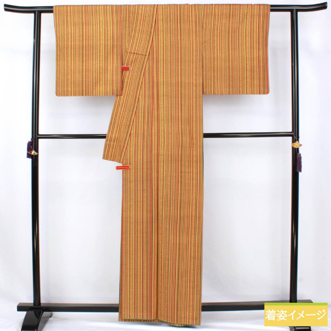 紬 正絹 Sランク 身丈162cm 裄丈66cm 楊梅色（やまももいろ） 型染 縞 袷 橙系 1116004492426