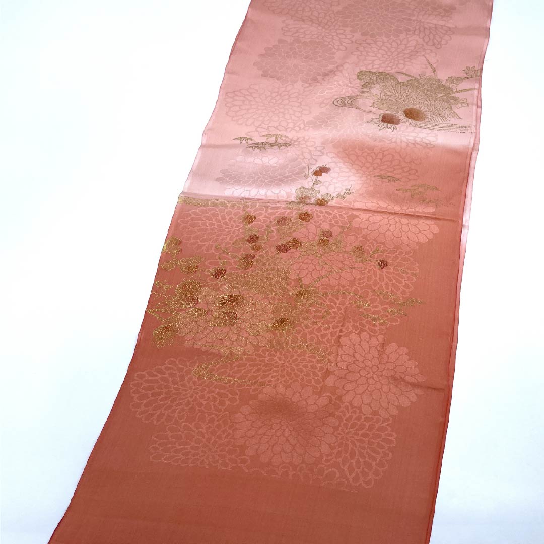 Semi-formal silk obiage (sash), S rank, coral and dawn colors, featuring chrysanthemums, approximately 171cm long and 30cm wide, pink. Product number: 1136002352913