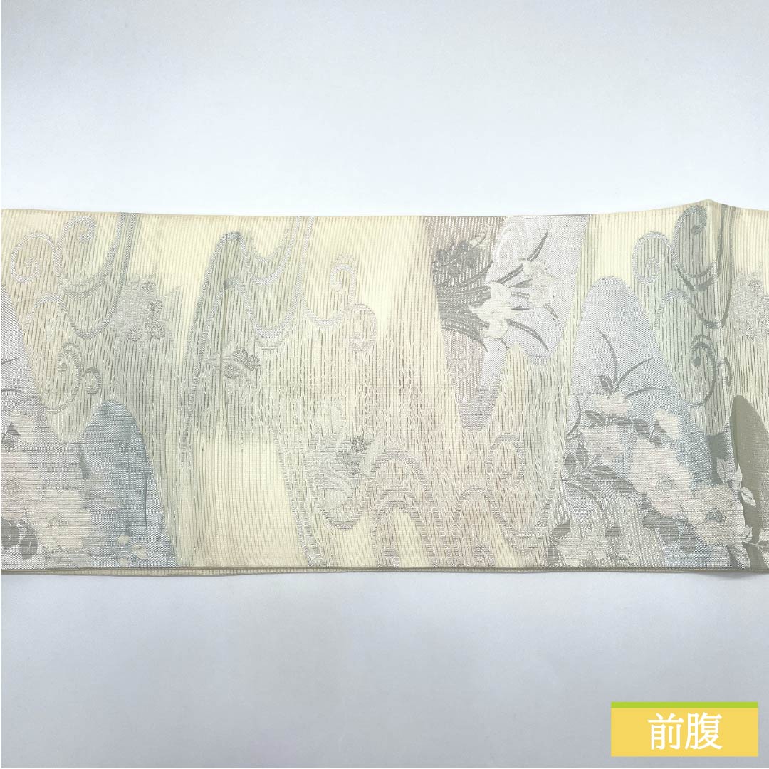 Fukuro Obi (sash), pure silk, A-grade, off-white, summer obi with a gold leaf pattern and flowing water design, hazy, 440cm long, six-pass, semi-formal, white, 1123015103311