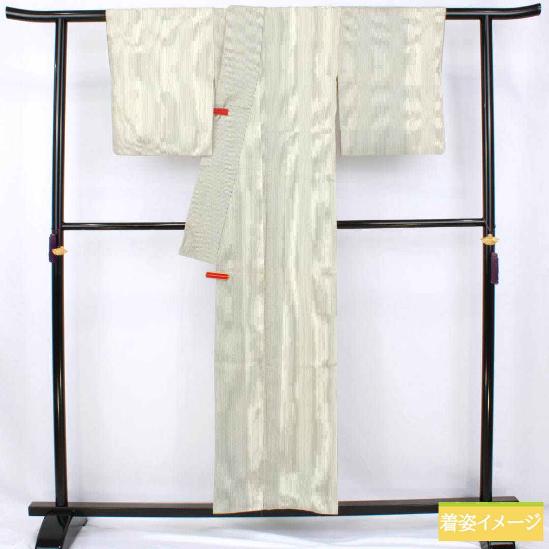 紬 正絹 Aランク 身丈154cm 裄丈62cm 乳白色（にゅうはくしょく） 塩沢紬 縞 袷 白系 1116004573211