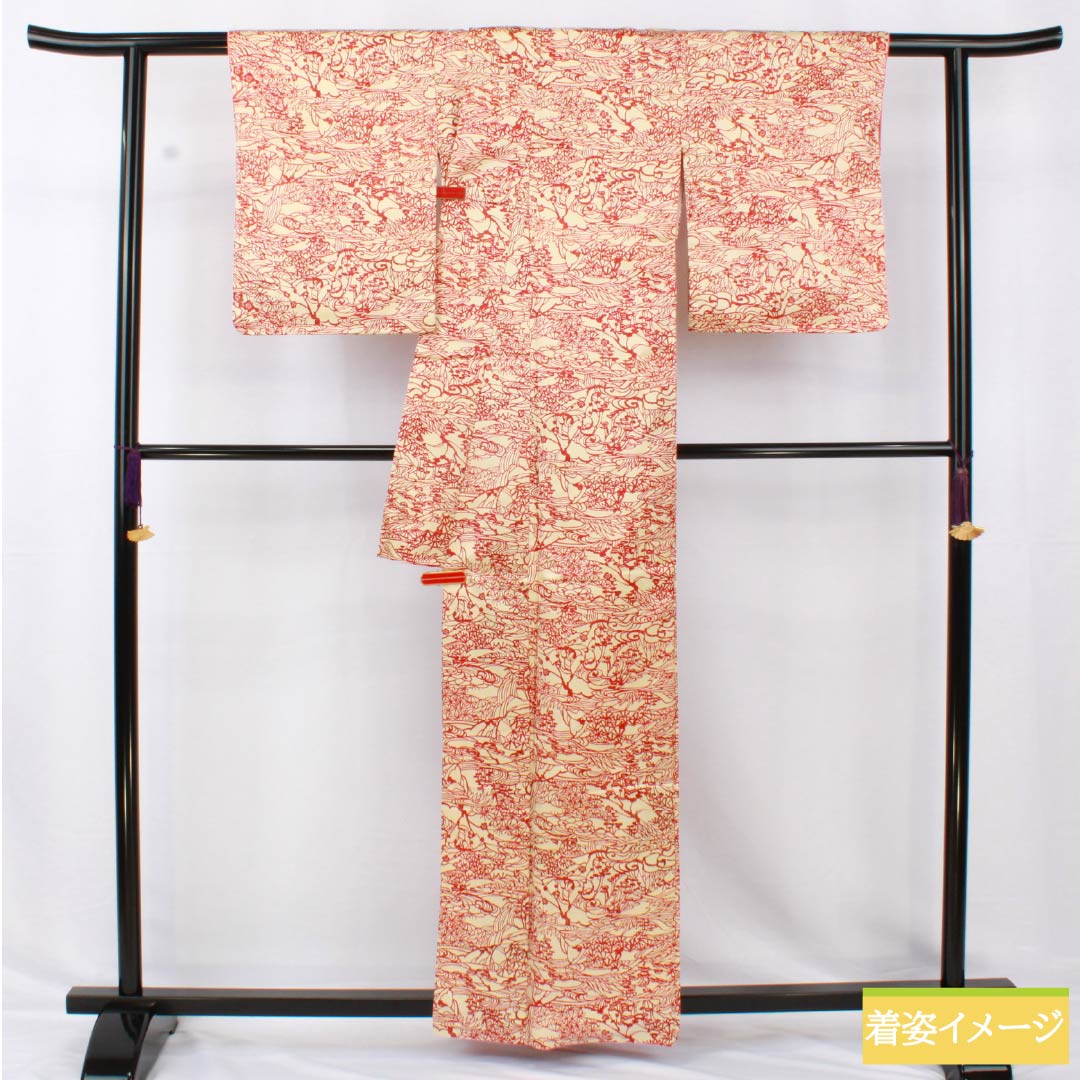 小紋 正絹 身丈162cm 裄丈63cm 袷 東京白茶色（とうきょうしらちゃいろ） 線描き風景画 風景 Sランク クリーム系 1115005222415