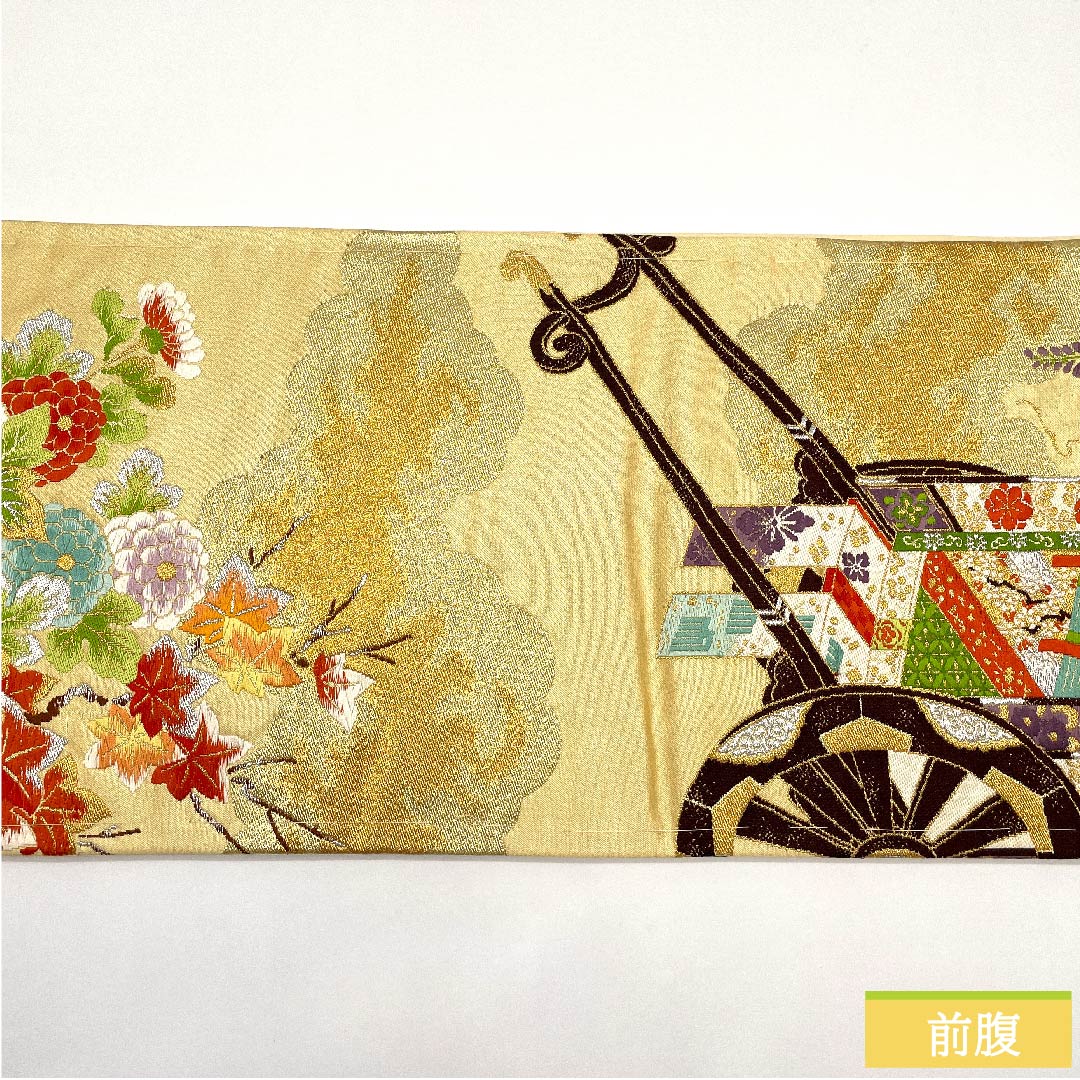 袋帯 薄卵色（うすたまごいろ） 御所車 牡丹 菊 紅葉 帯丈404cm 正絹 Sランク 六通 フォーマル クリーム系 1123010122315