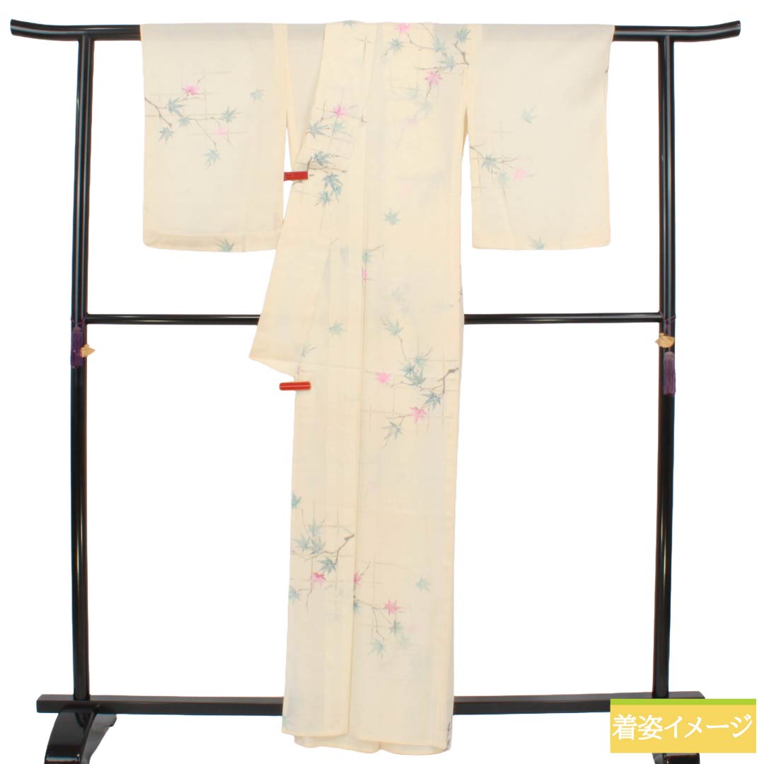 夏物 正絹 小紋 Sランク 身丈163.5cm 裄丈63.5cm 練色（ねりいろ） 紅葉 竹垣 絽 クリーム系 1132004722415