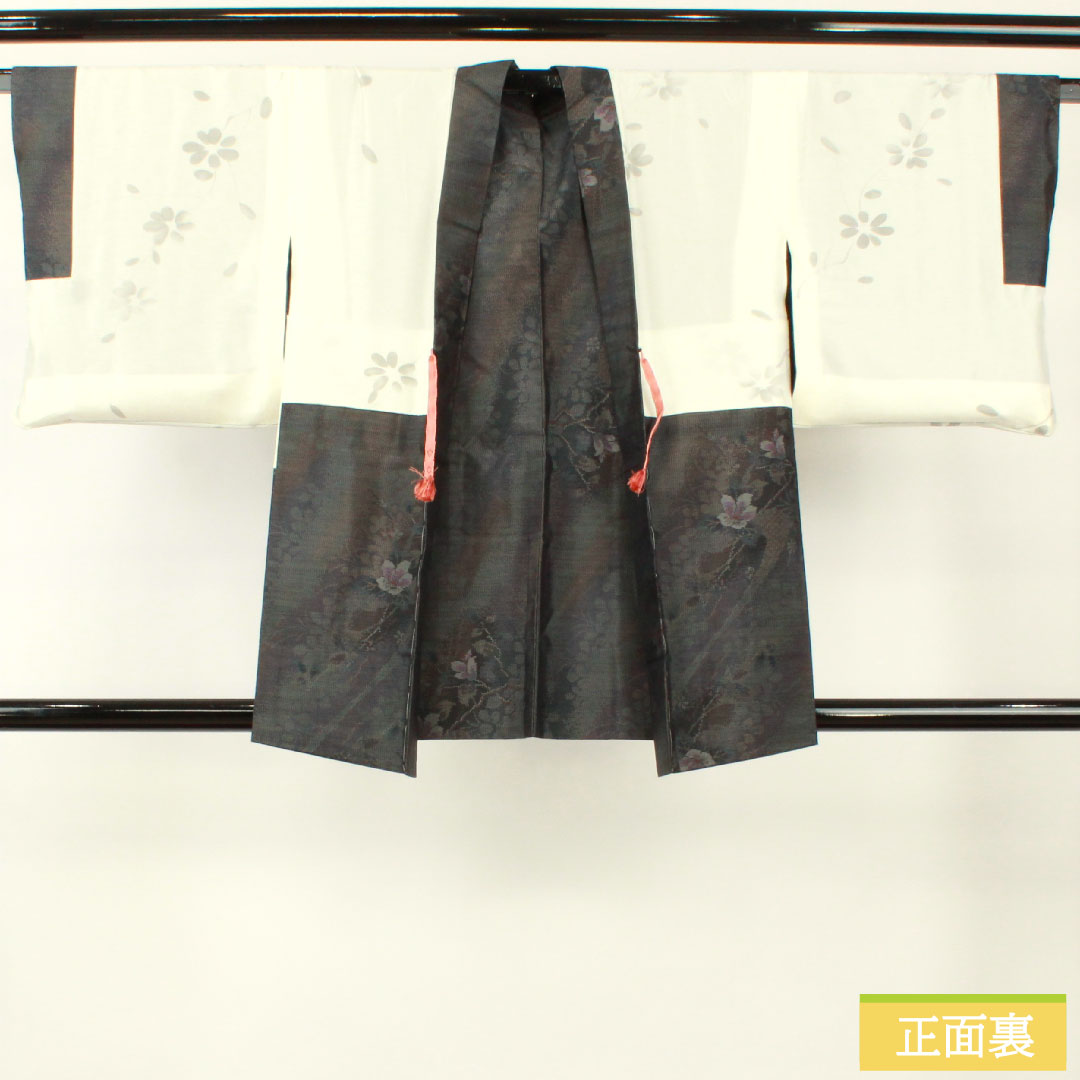 Haori, pure silk, length 80.5cm, sleeve length 63cm, Oshima Tsumugi, weft-total kasuri, floral pattern, S rank, lined, gray, 1117001172922
