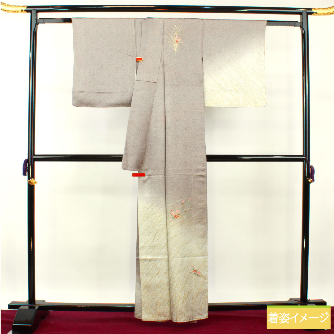 訪問着 正絹 袷 身丈161cm 裄丈65cm 鈍紫色 刺繡 Aランク グレー系 1112003703422