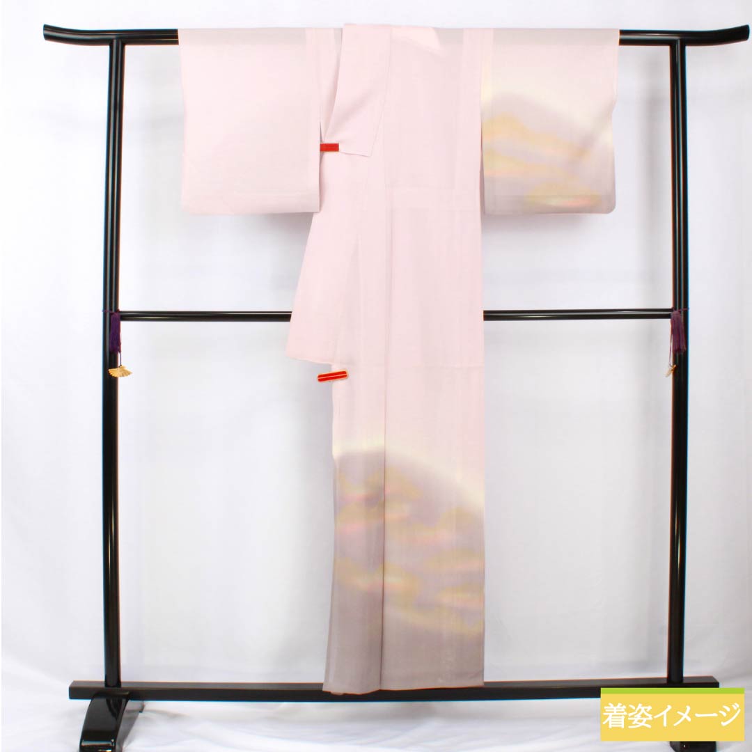 Summer pure silk formal kimono, length 153cm, sleeve length 61.5cm, cherry blossom color, Kyoto Yuzen, one crest, circle with tangerines, silk, B rank, pink, 1132002194213