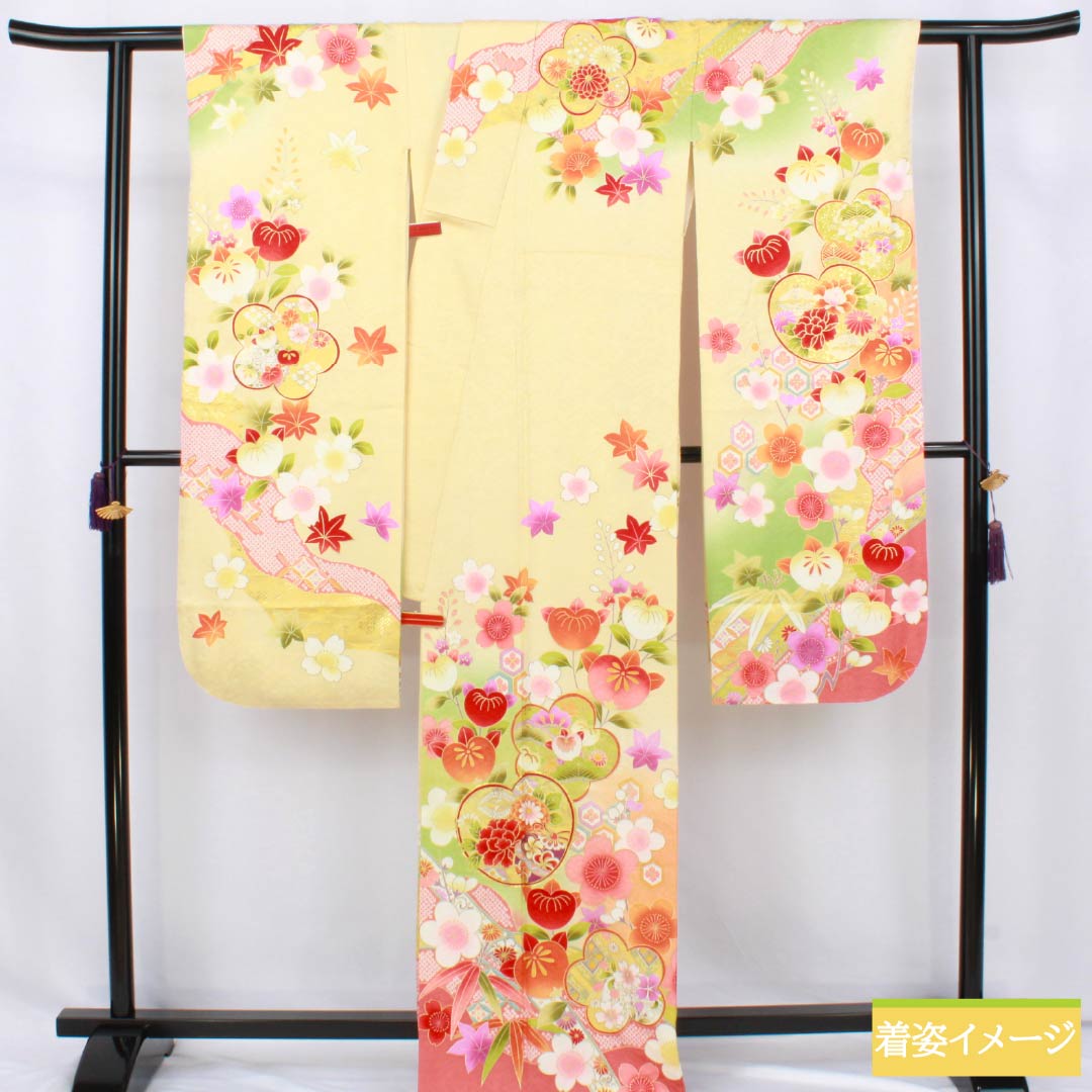 振袖 正絹 Aランク 身丈170cm 裄丈68cm 袷 淡黄色（たんこうしょく） 京友禅 吉祥文様 桜 橘 菊 黄系 1113002613623