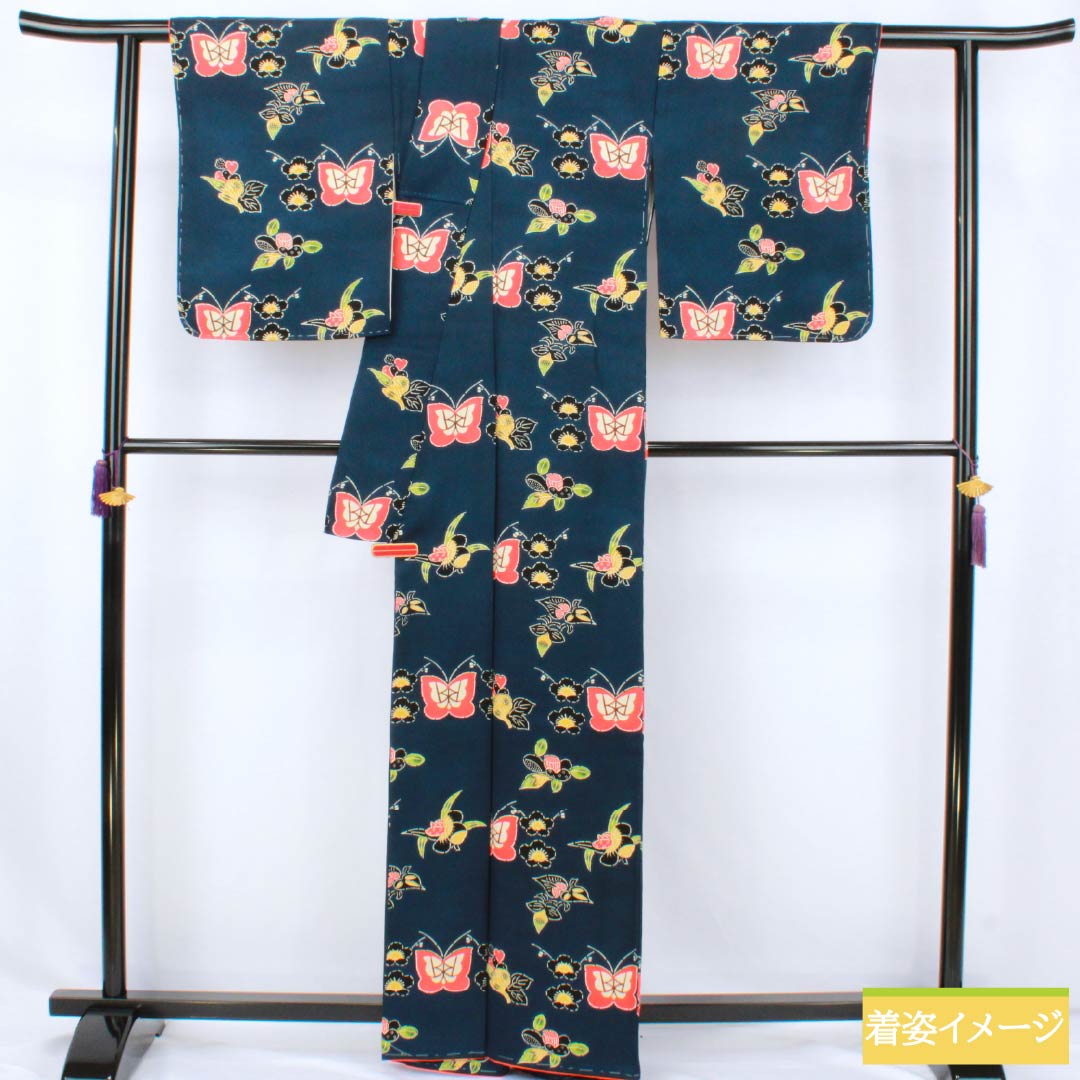 小紋 正絹 Sランク 身丈164cm 裄丈68cm 袷 濃紺色（のうこんいろ） 京紅型 一方付け 蝶 花 紺系 1115007712418