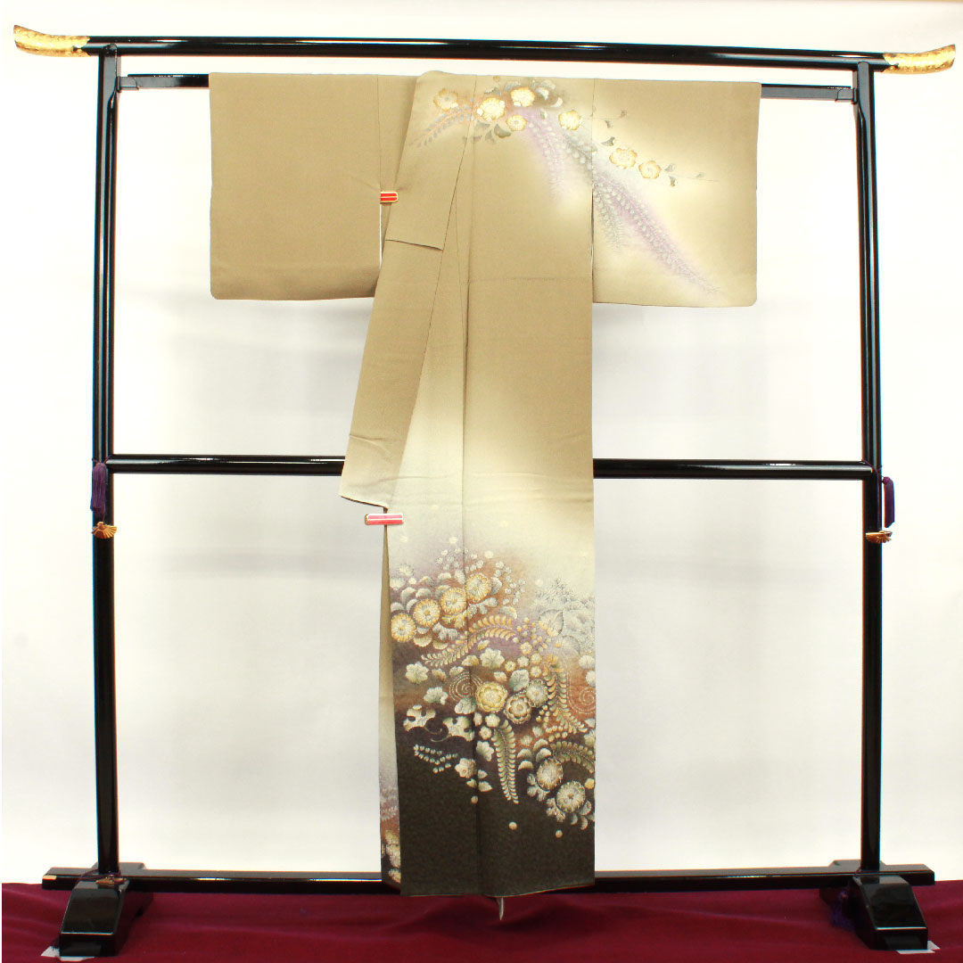 Homongi, pure silk, lined, length 154cm, sleeve length 64cm, sand color, Tsujigahana, thin rings and quince, S rank, beige, 1112003102225