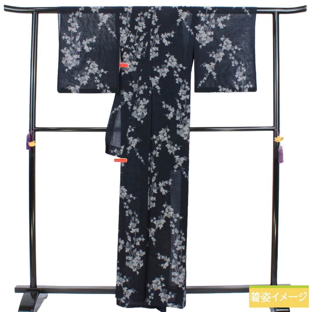 夏物 正絹 紬 Aランク 身丈162cm 裄丈66cm 濃紺色（のうこんいろ） 草木 紗 紺系 1132004983418
