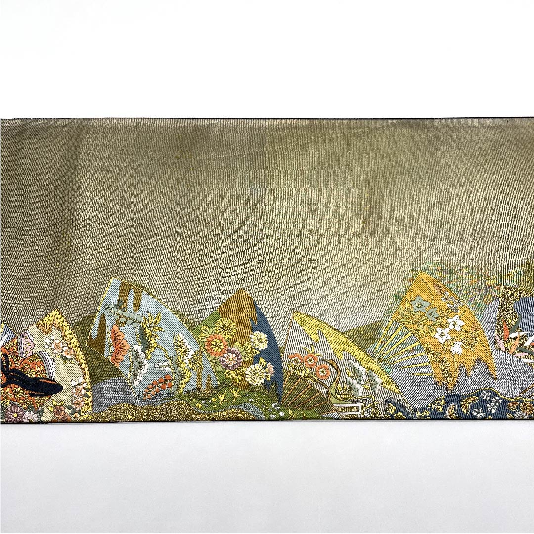 【未仕立】袋帯 正絹 Aランク 紀州茶色（きしゅうちゃいろ） 紫式部 扇 一蔵  帯丈462cm 六通 フォーマル グレー系 1123007943422