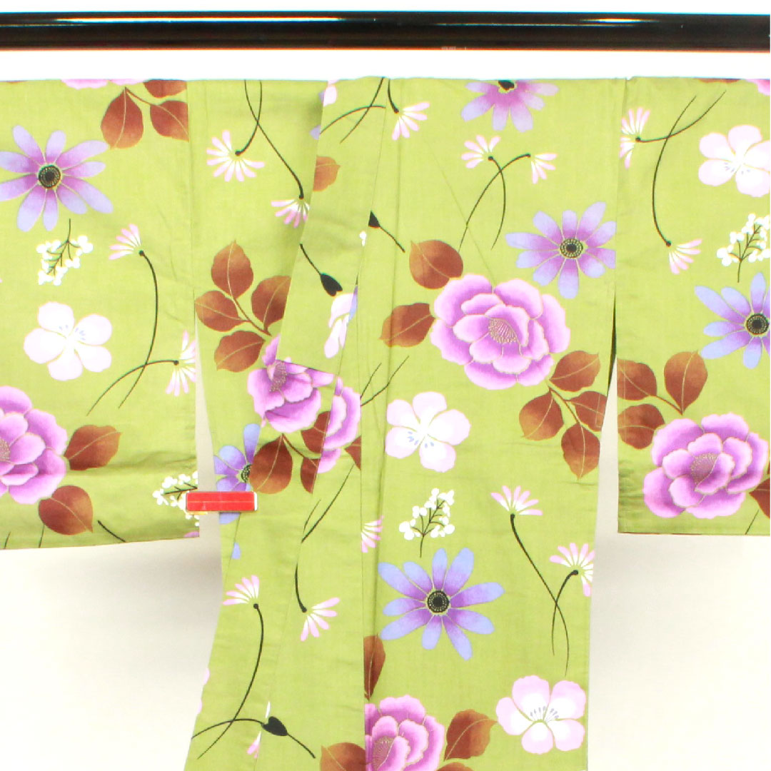 Yukata, green, floral pattern, cotton, S rank, single layer, length 162cm, sleeve length 62cm, green 1118001142419