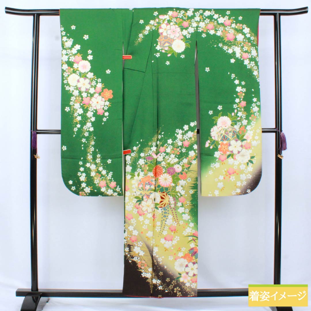 Furisode Kimono (S-Rank) - Pure Silk, S-Rank, Length 153cm, Sleeve Length 62.5cm, Lined, Green-Brown, Kyoto Yuzen Print, Cherry Blossom and Floral Design, Pearl Tone Finish, Green, Product Number: 1113002142219