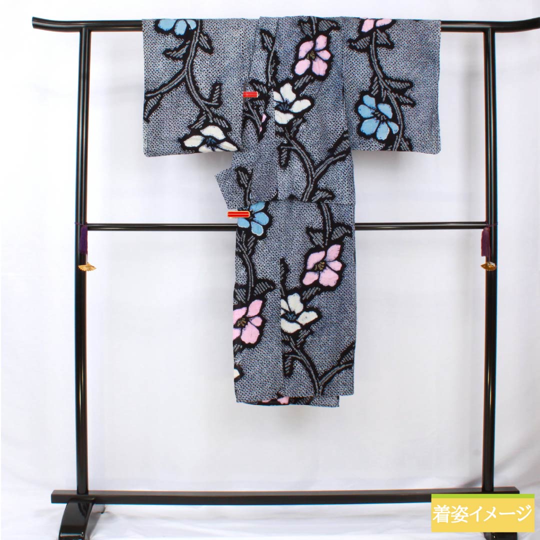 Yukata Cotton Length 122cm Sleeve length 60cm A rank Single layer Navy blue Arimatsu tie-dye Flower Shoulder raised 1118005643118