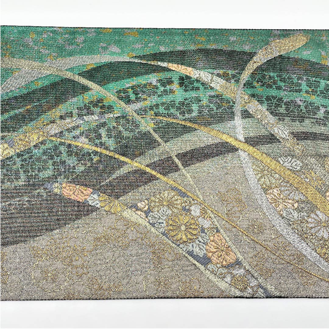 袋帯 鉄色（てついろ） 引箔 桜 菊 帯丈436cm 正絹 Aランク 六通 セミフォーマル 緑系 1123005453319