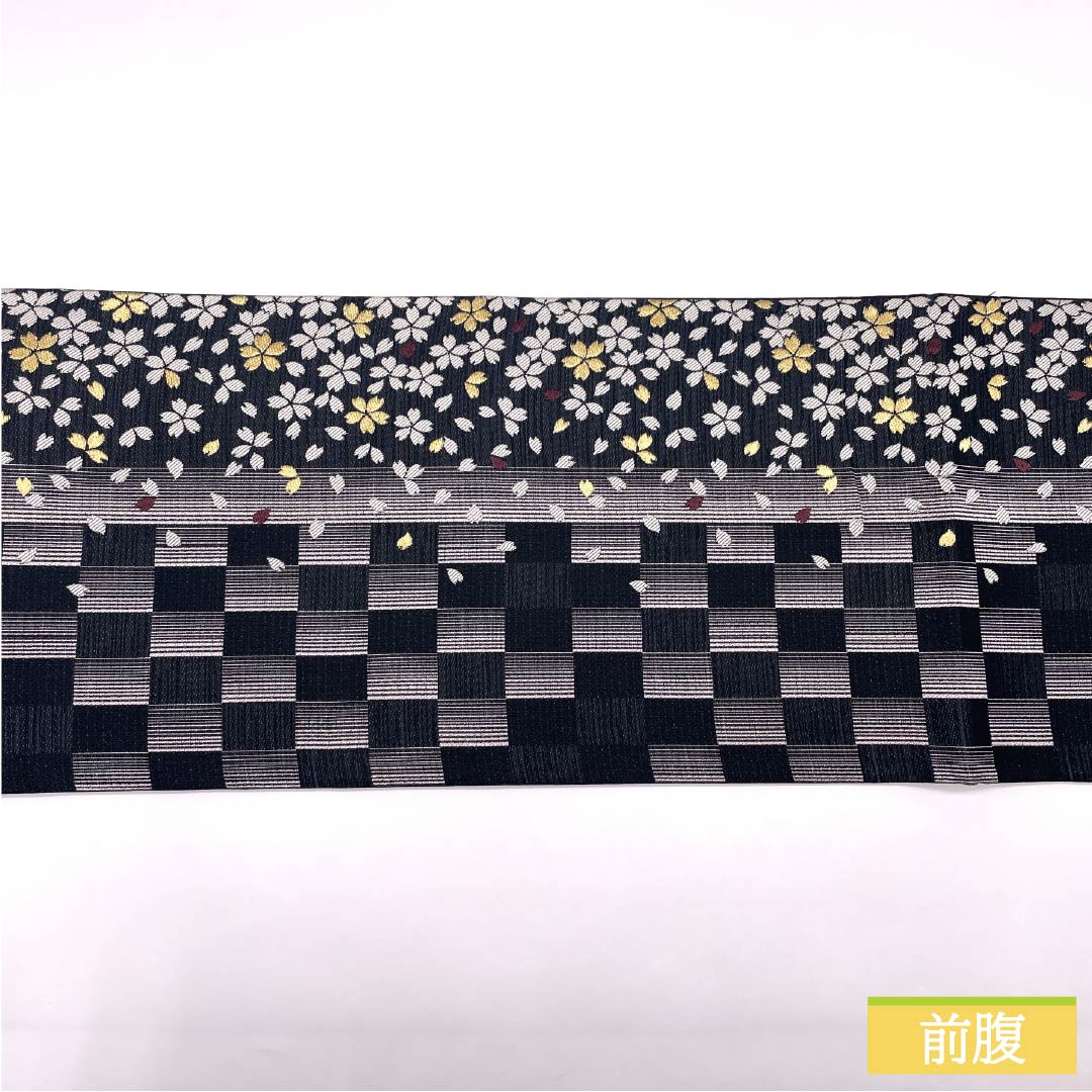 Pure silk obi with cherry blossom and checkered pattern, length 436cm, S rank, six-fold obi, semi-formal, black, 1123014452310