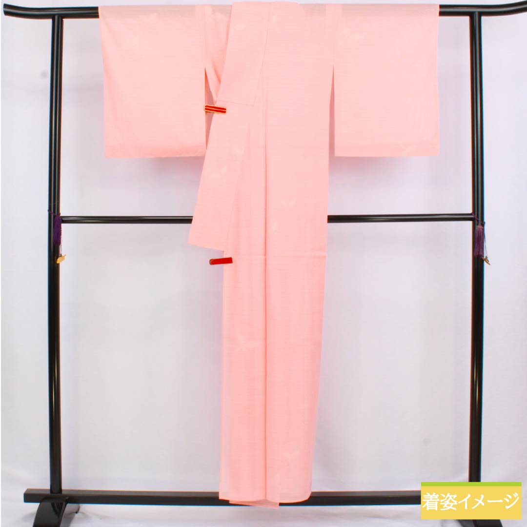 Summer pure silk komon kimono, length 154cm, sleeve length 63cm, pale crimson red (usubeniakairo), crested ro (ro) fabric with a plant and tree pattern, S rank, pink, product number 1132002852213